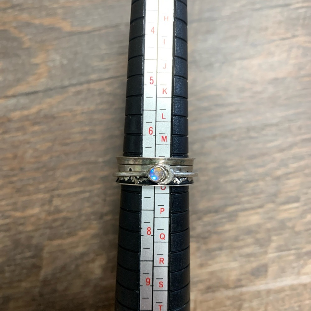 Elegant Moonstone Silver Spinner Ring with Crescent Moon size 7